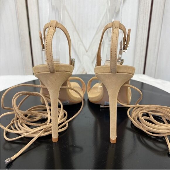 Schutz Vikki Crystal Embellished Ankle Wrap High Heel Sandals‎ Tan 7.5 Leather - Picture 6 of 15